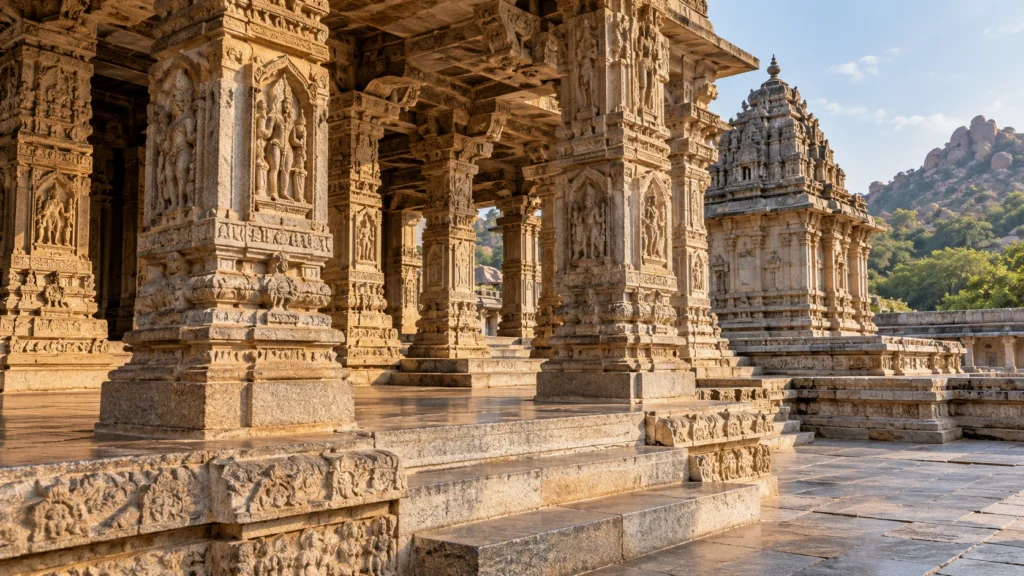 Carved Temple with architectural details in natural light