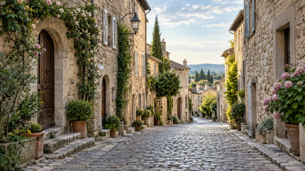 Old Stone Street with architectural details in natural light