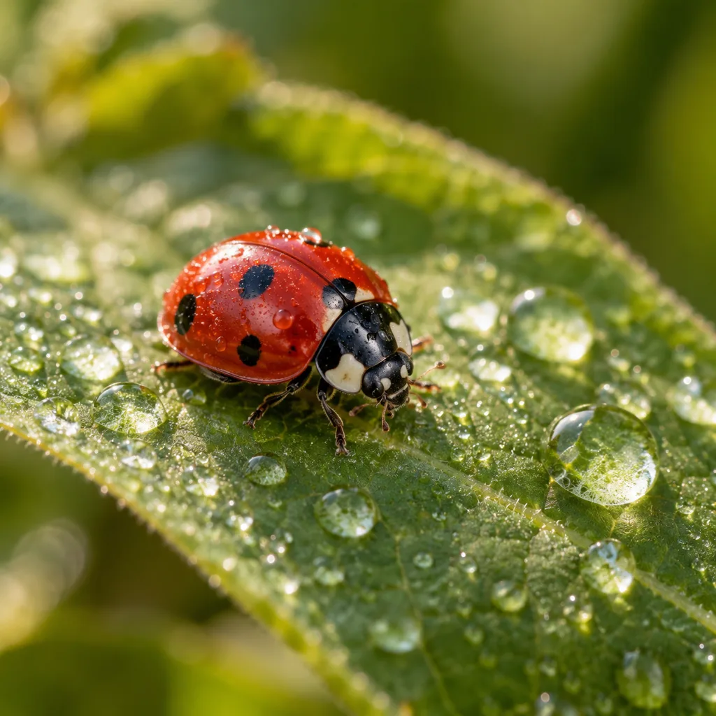 Ladybug on a Dewy Leaf