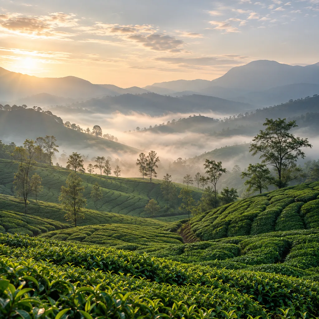 Misty green tea hills