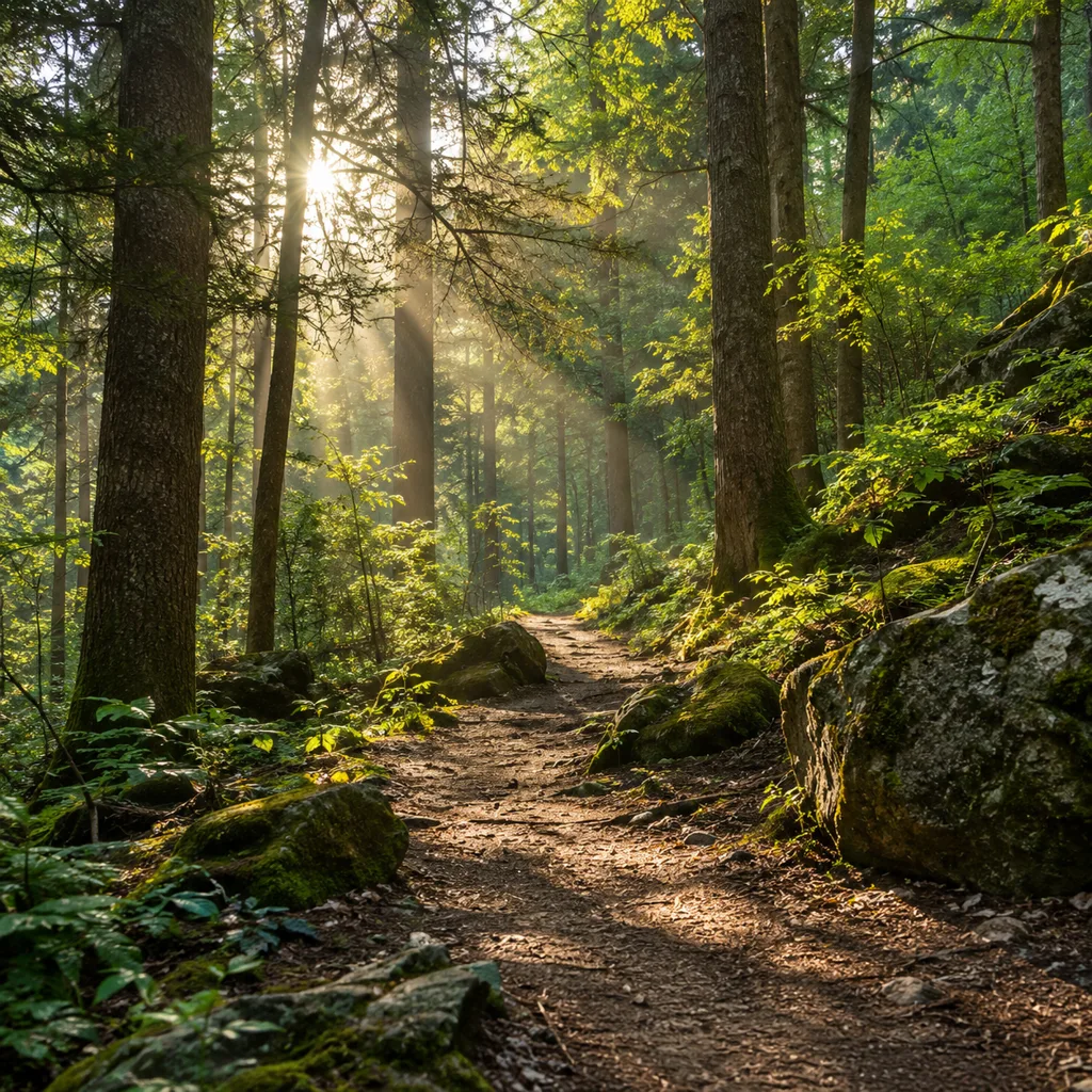 Sunlit Path Through Lush Forest