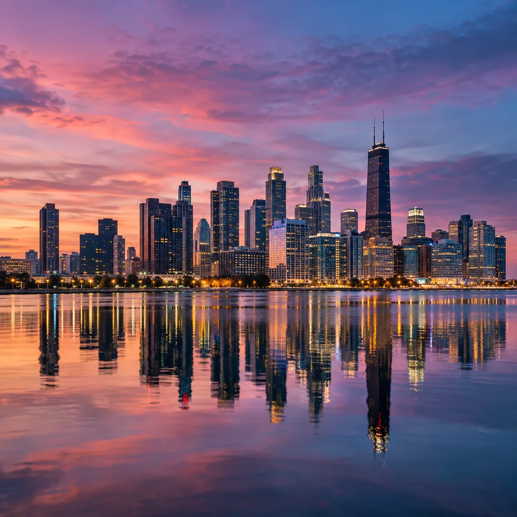 Twilight Cityscape Reflected in Still Water