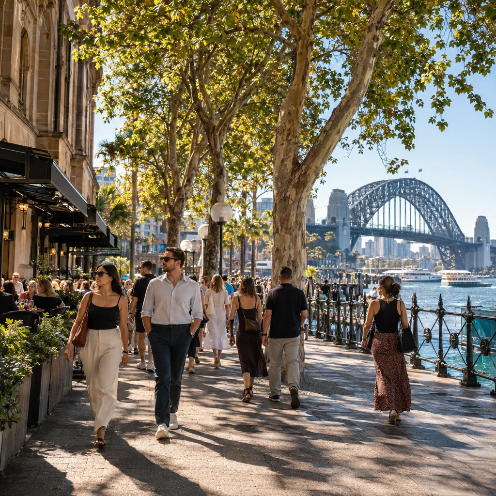 Sunlit walkers on a tree-lined Sydney street